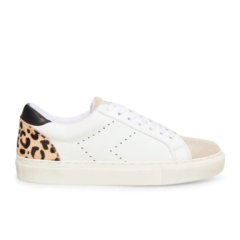 NEW Steven Steve Madden Parody White Leopard Leather Low Top Sneaker Womens 7.5